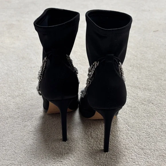 Jimmy Choo Lyja 100 Black Stretch Satin Bootie w/ Crystal necklace detail - Picture 4 of 4